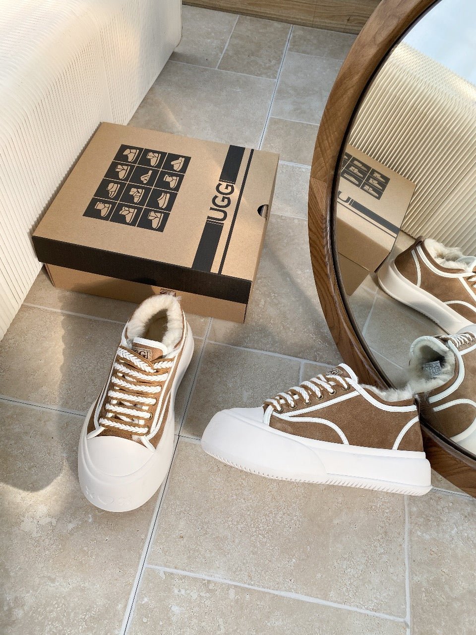 UGG Casual Sports Sneakers Brown White Suede Wool Rubber 512824