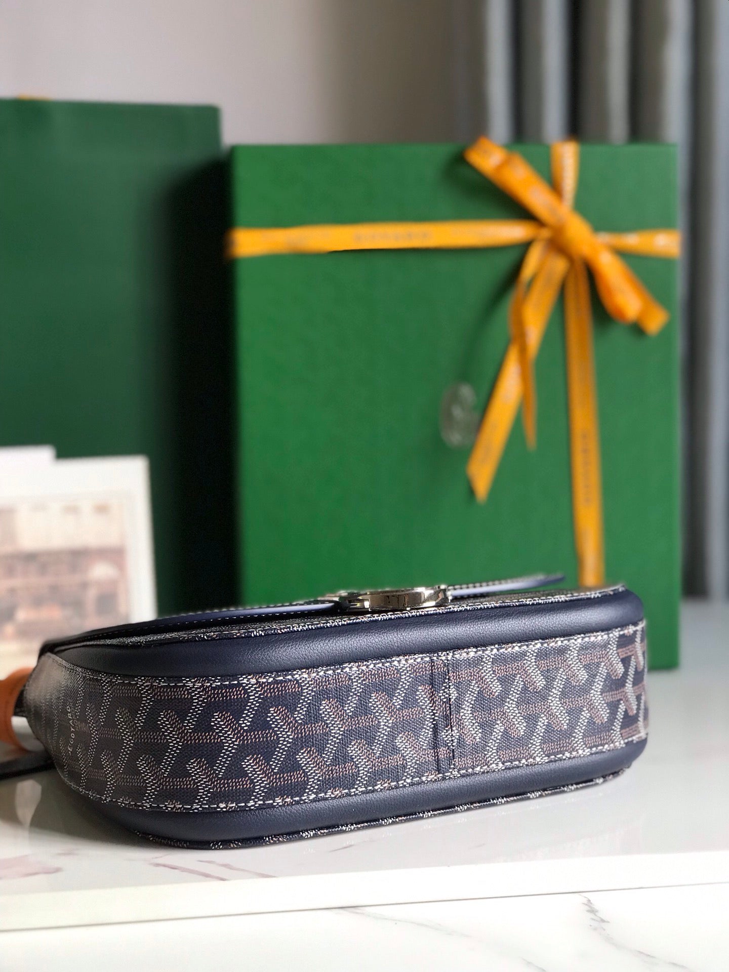 233 BAG 25 IN NAVY BLUE CALFKIN AND GOYARDINE CANVAS