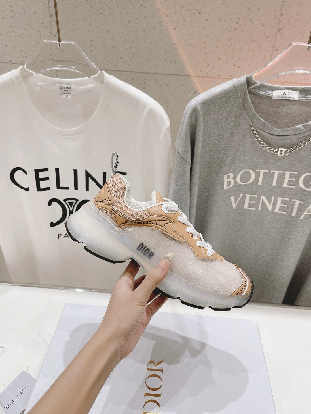 CD Vibe Sneaker White Beige Brown Polyester Mesh Fabric And Lambskin