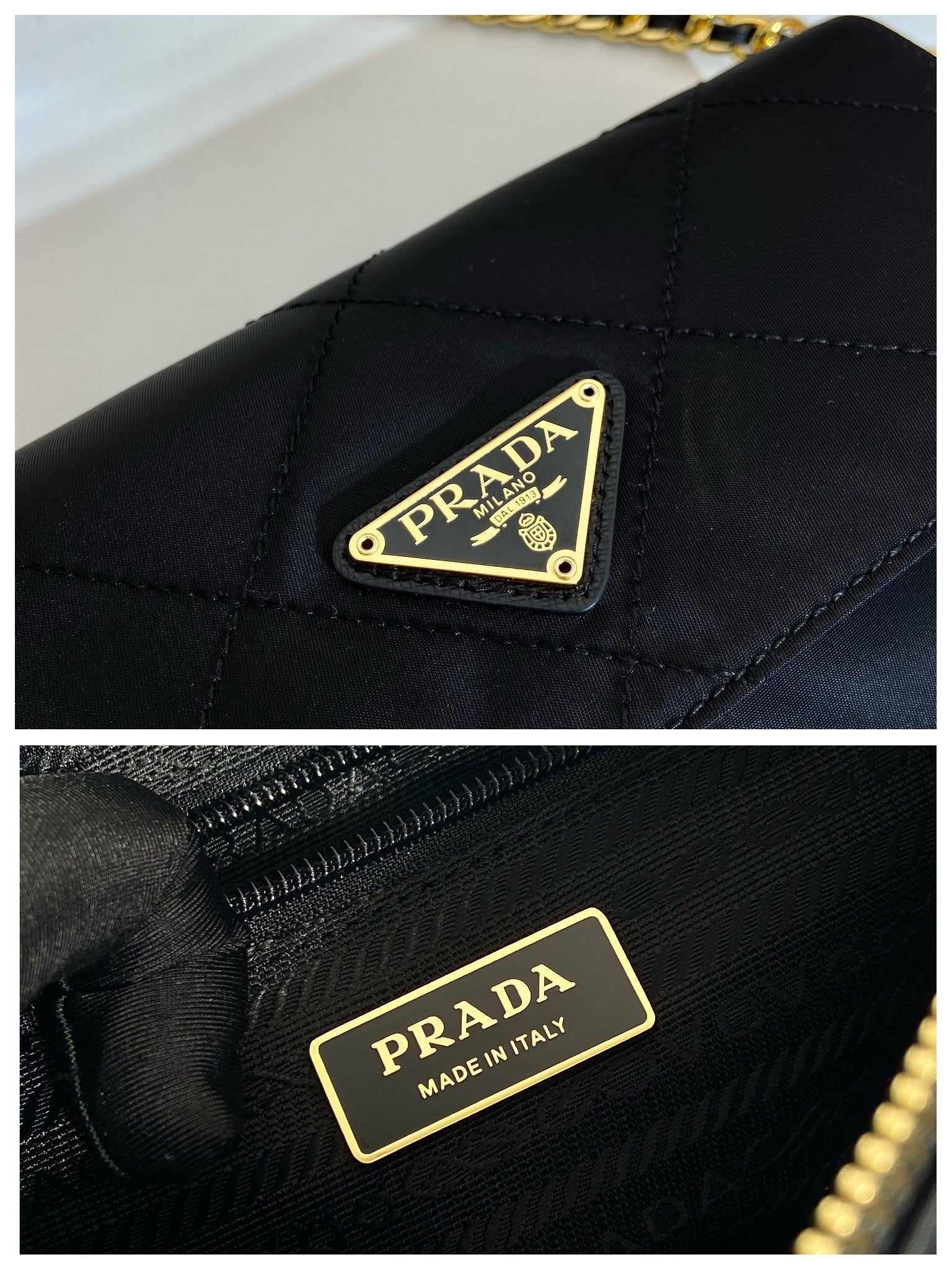 LARGE QUILTED FLAP BAG 23 IN BLACK RE-NYLON FABRIC GOLD CHAIN