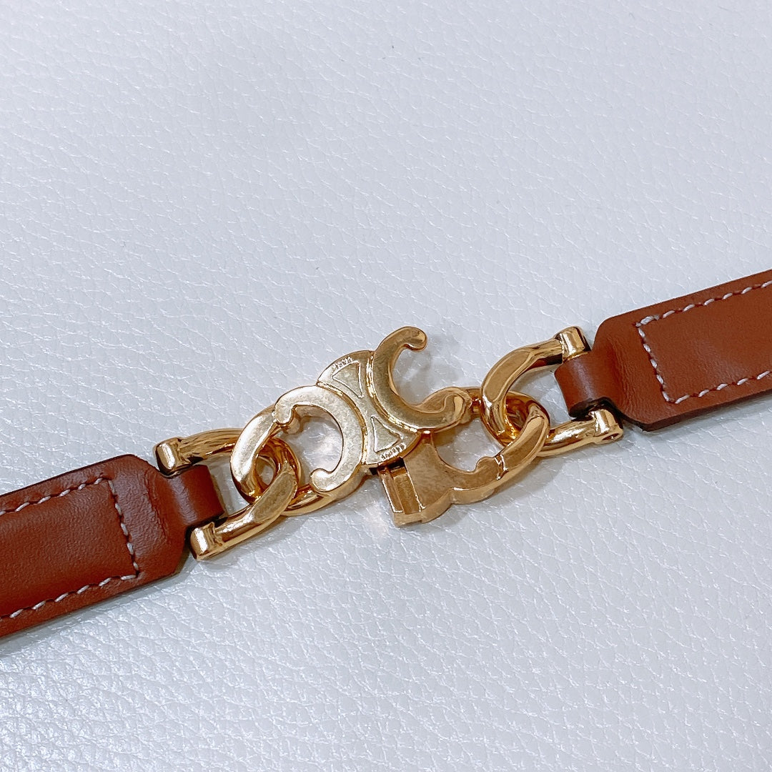 SMALL 18 MM GOURMETTE TRIOMPHE ADJUSTABLE BELT IN BRONZE BROWN LEATHER GOLD HARDWARE