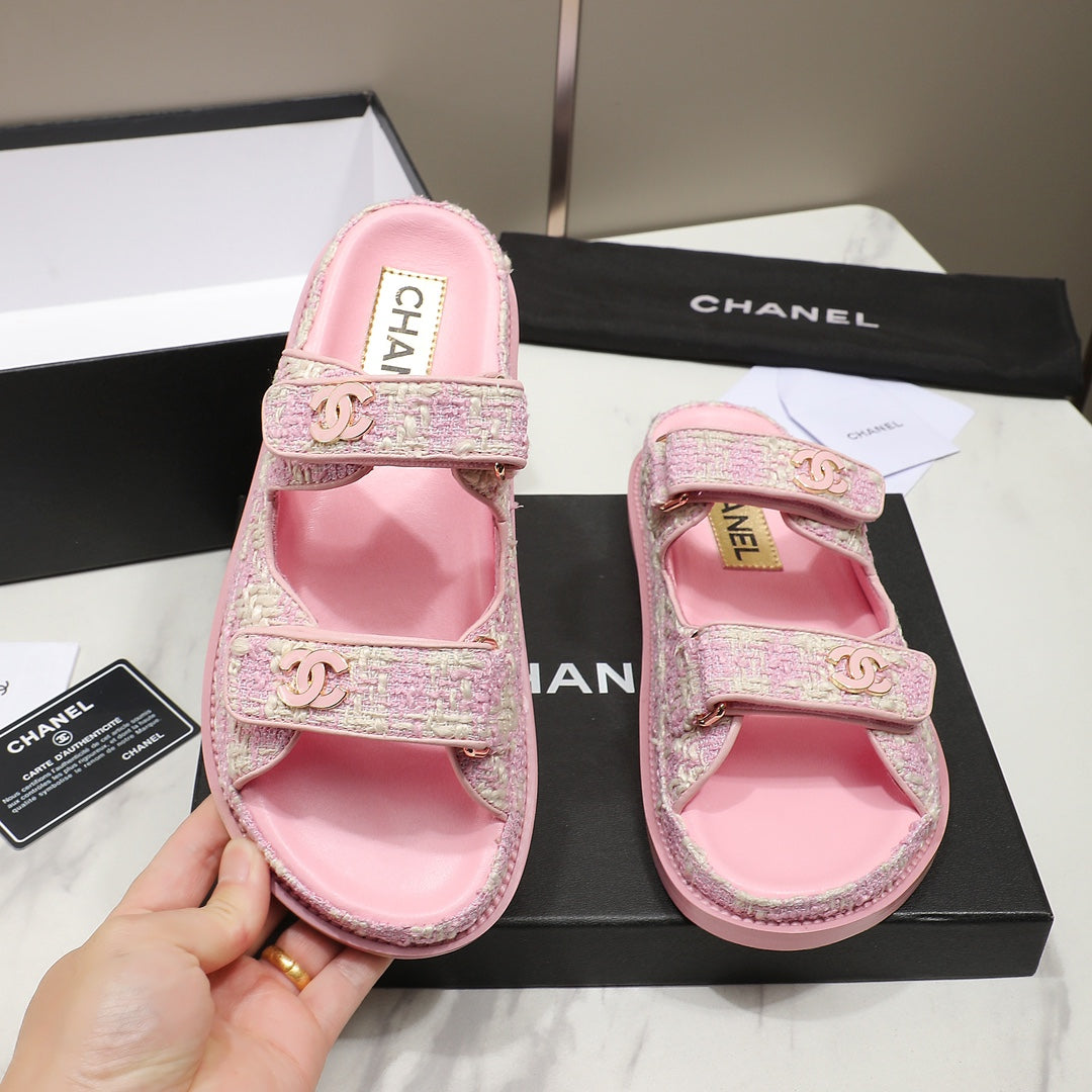 CC SS26 Dad Sandals Pink White Tweed Lambskin 678968