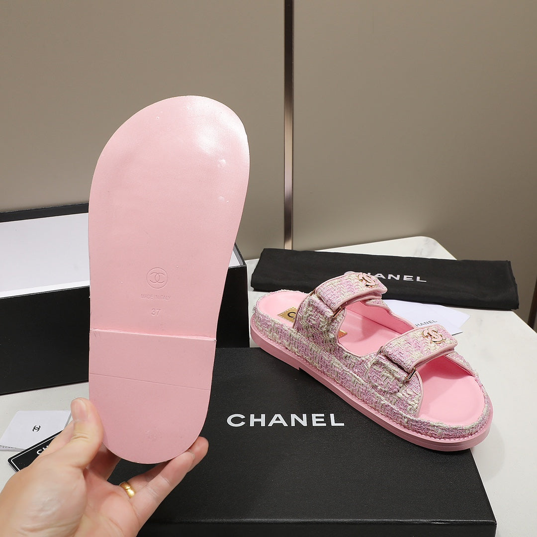CC SS26 Dad Sandals Pink White Tweed Lambskin 678968