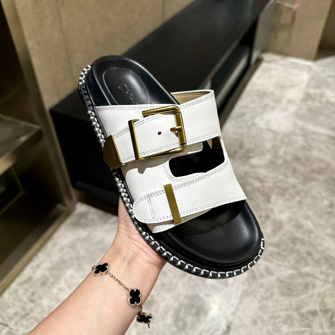 CHLOÉ DAD SANDALS IN WHITE CALFSKIN WITH GOLD HARDWARE