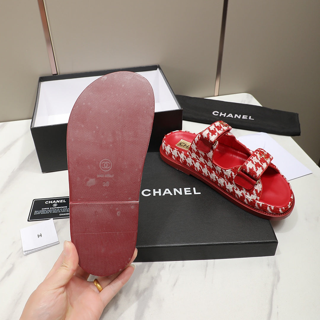 CC SS26 Dad Sandals Red White Tweed Lambskin 678968
