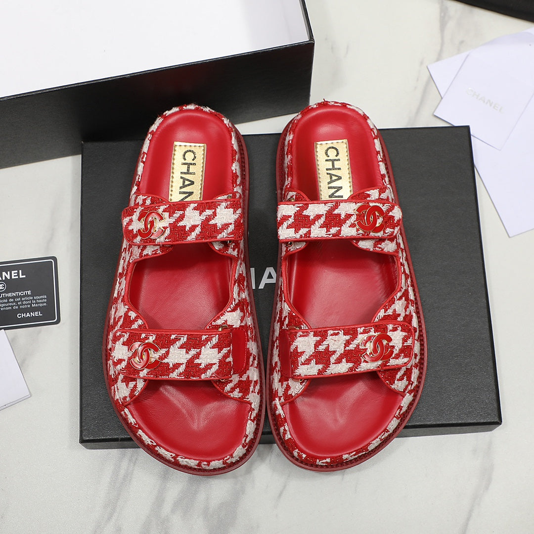 CC SS26 Dad Sandals Red White Tweed Lambskin 678968