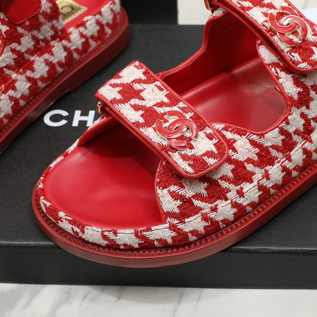 CC SS26 Dad Sandals Red White Tweed Lambskin 678968
