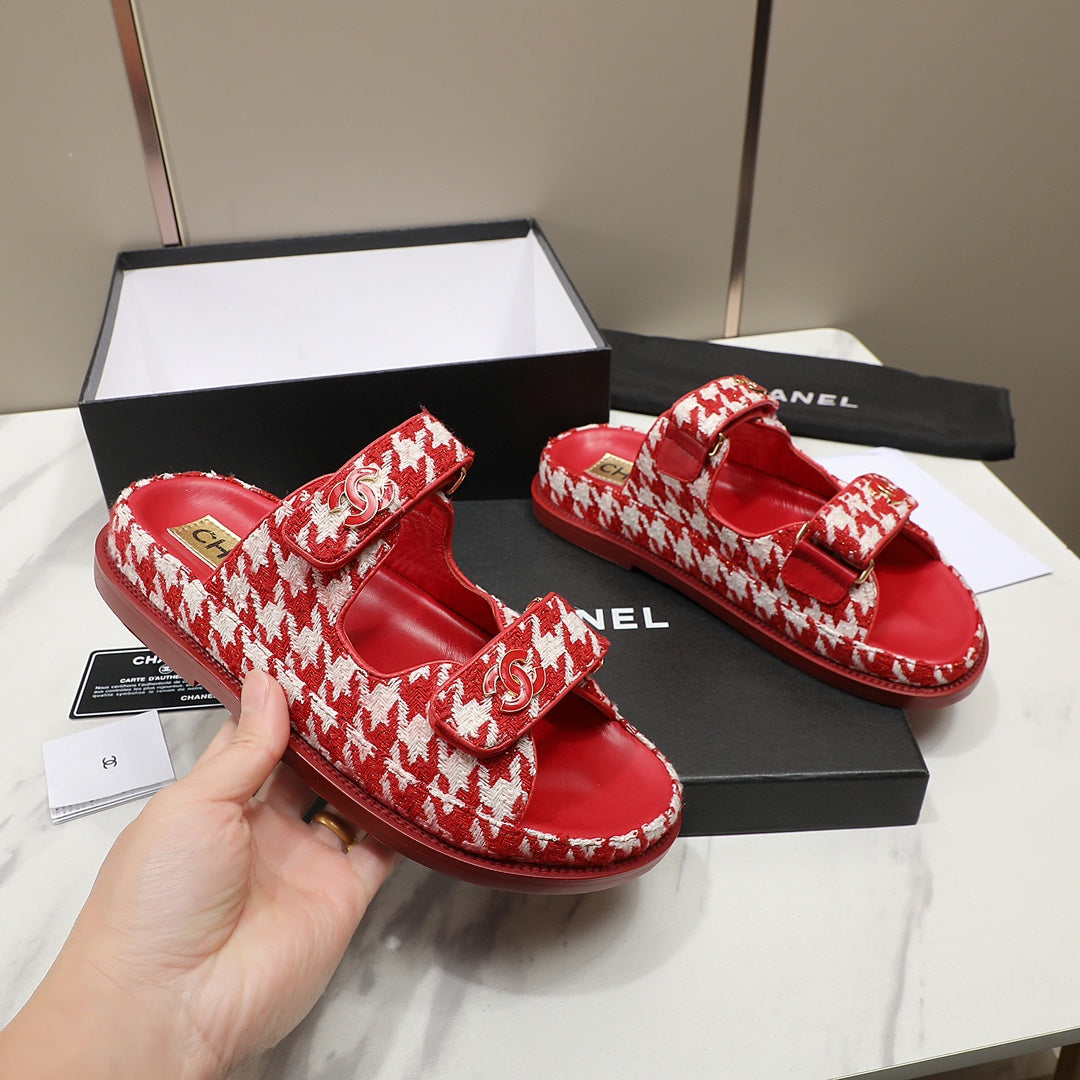 CC SS26 Dad Sandals Red White Tweed Lambskin 678968