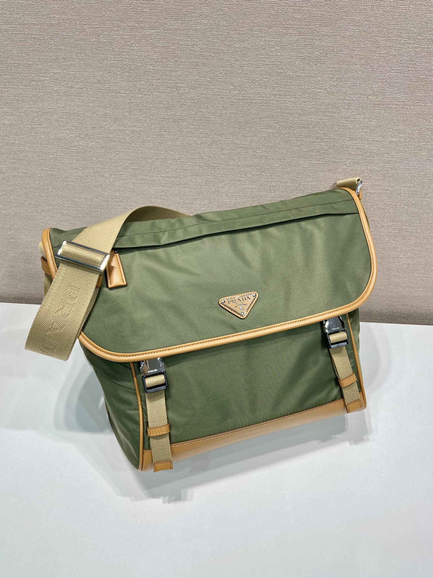 LARGE FLAP BAG 30 IN SEAWEED GREEN RE-NYLON AND BROWN CALFSKIN TRIM