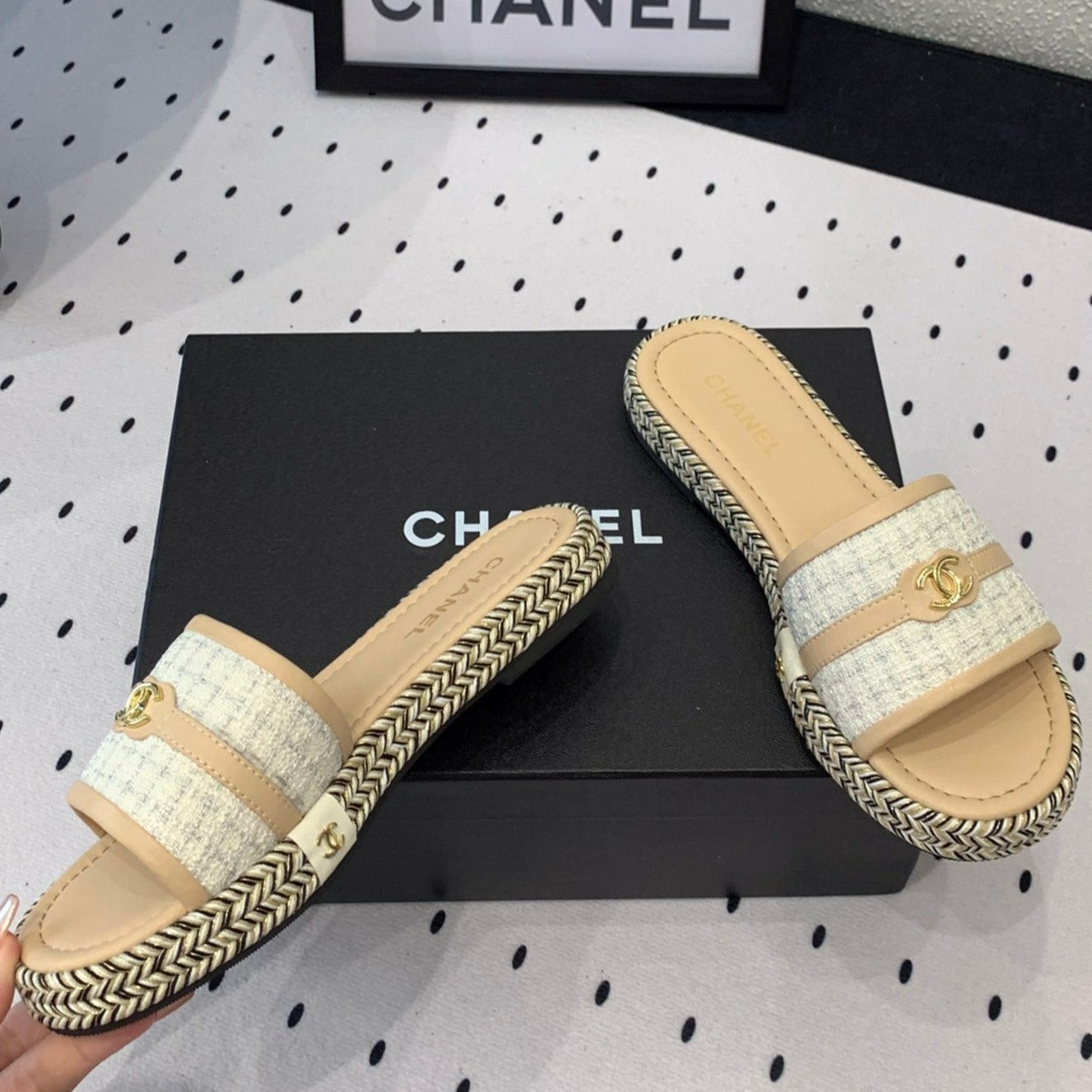 mule sandal white tweed beige calfskin