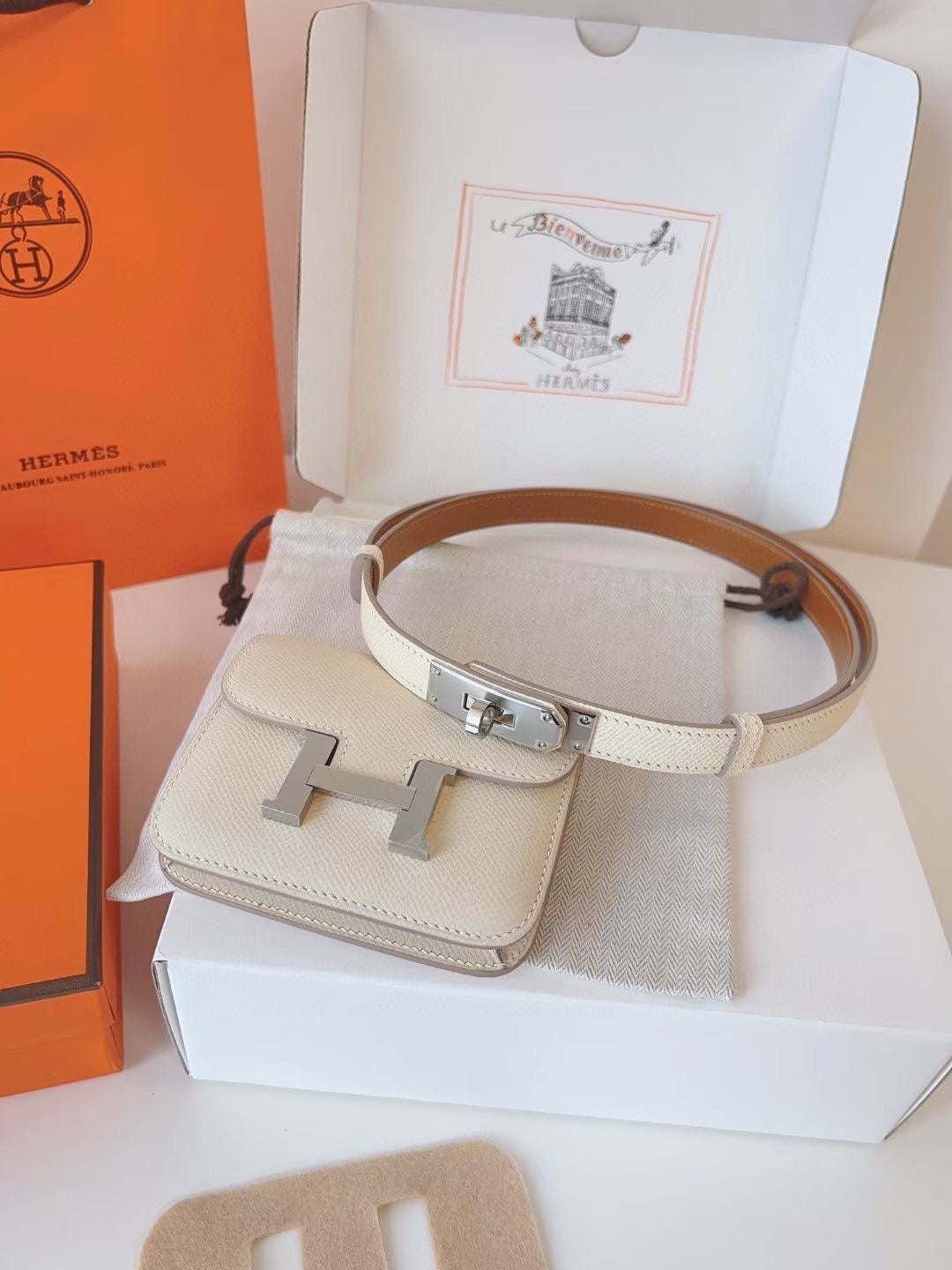 hm kelly belt 18mm with constance slim white epsom silver hardware