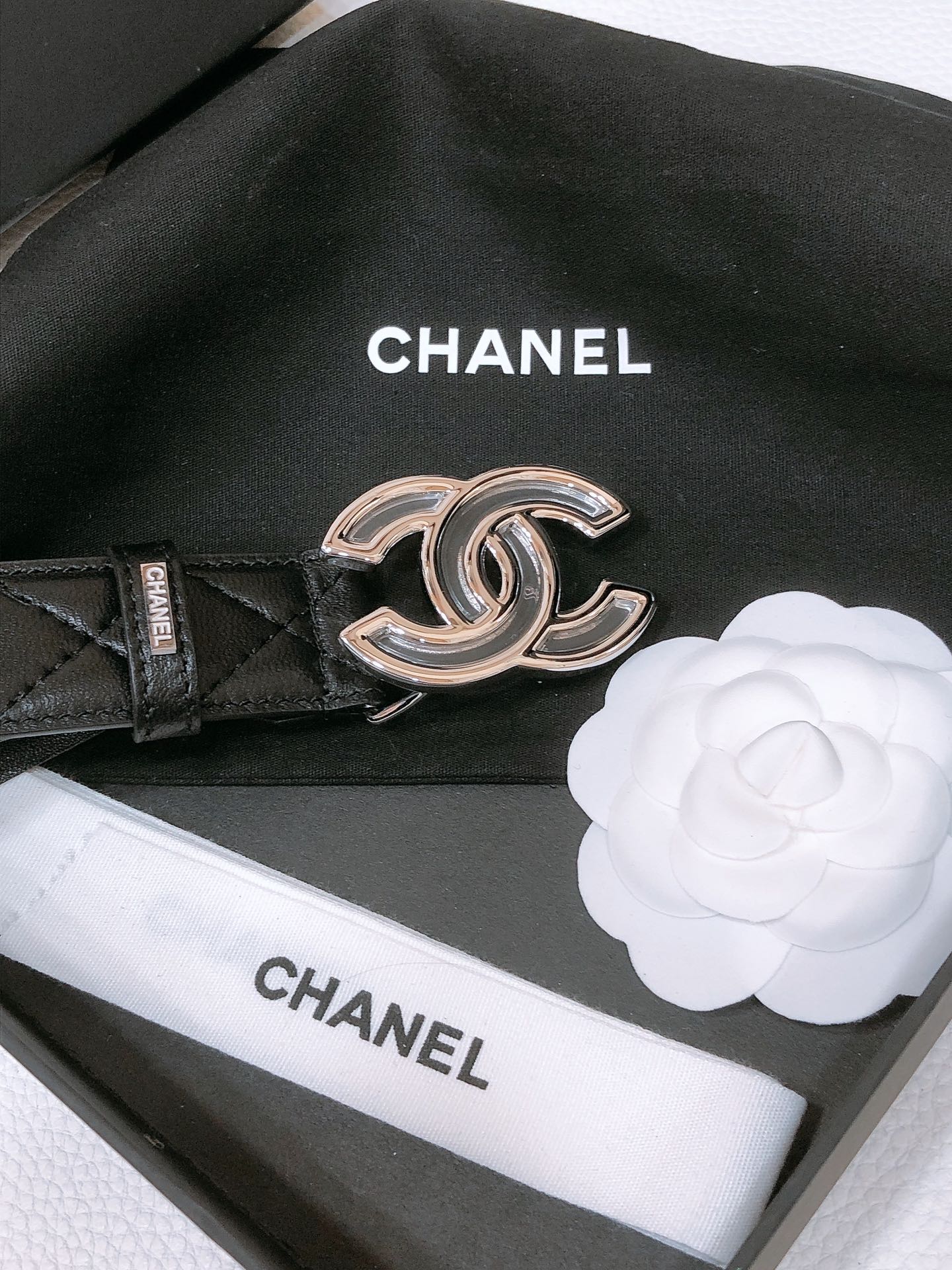 CHANEL BELT 3CM IN BLACK EMBROIDERED LAMBSKIN SILVER HARDWARE