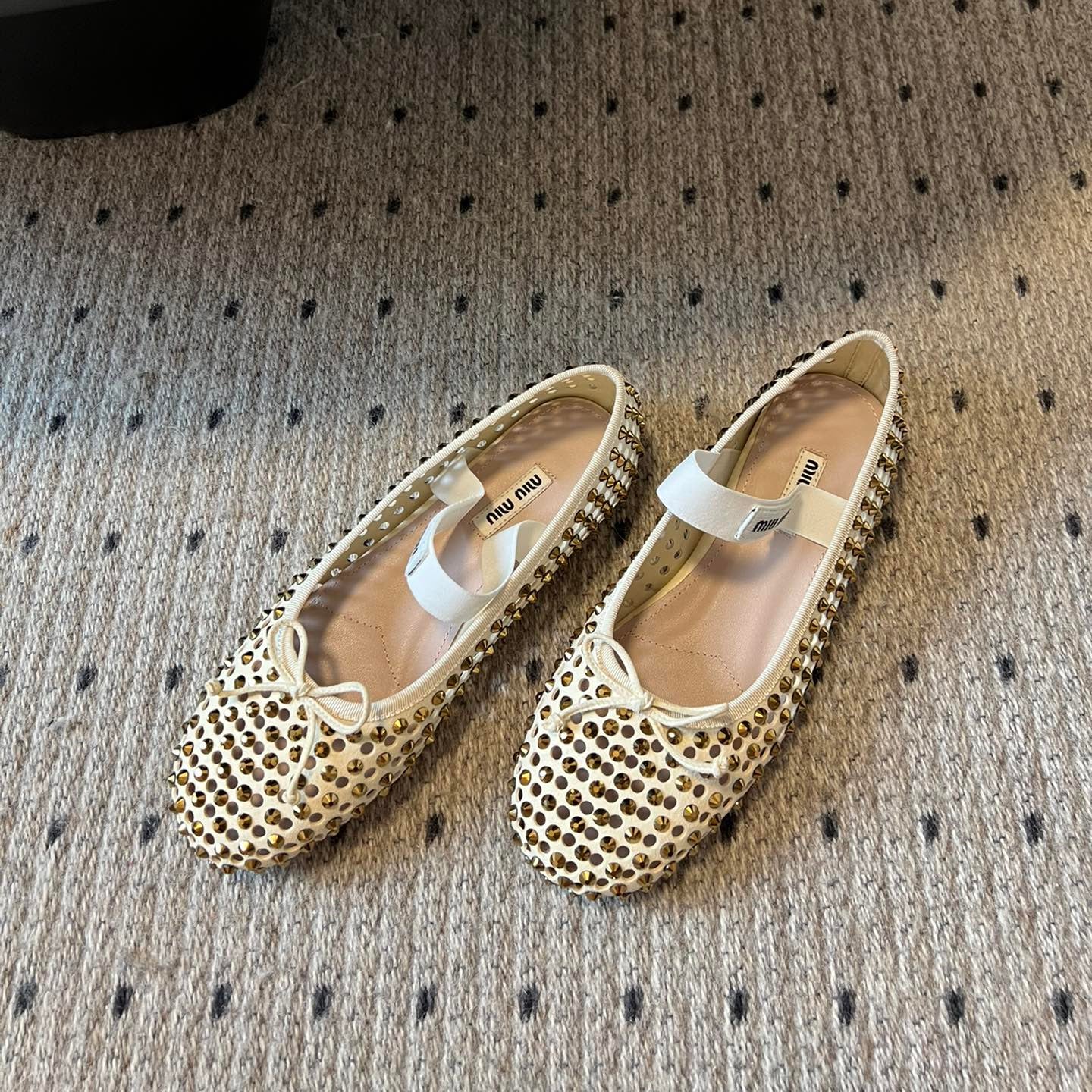 Miu 26s Ballerina Flats In Light Beige Mesh Calfskin With Rhinestones