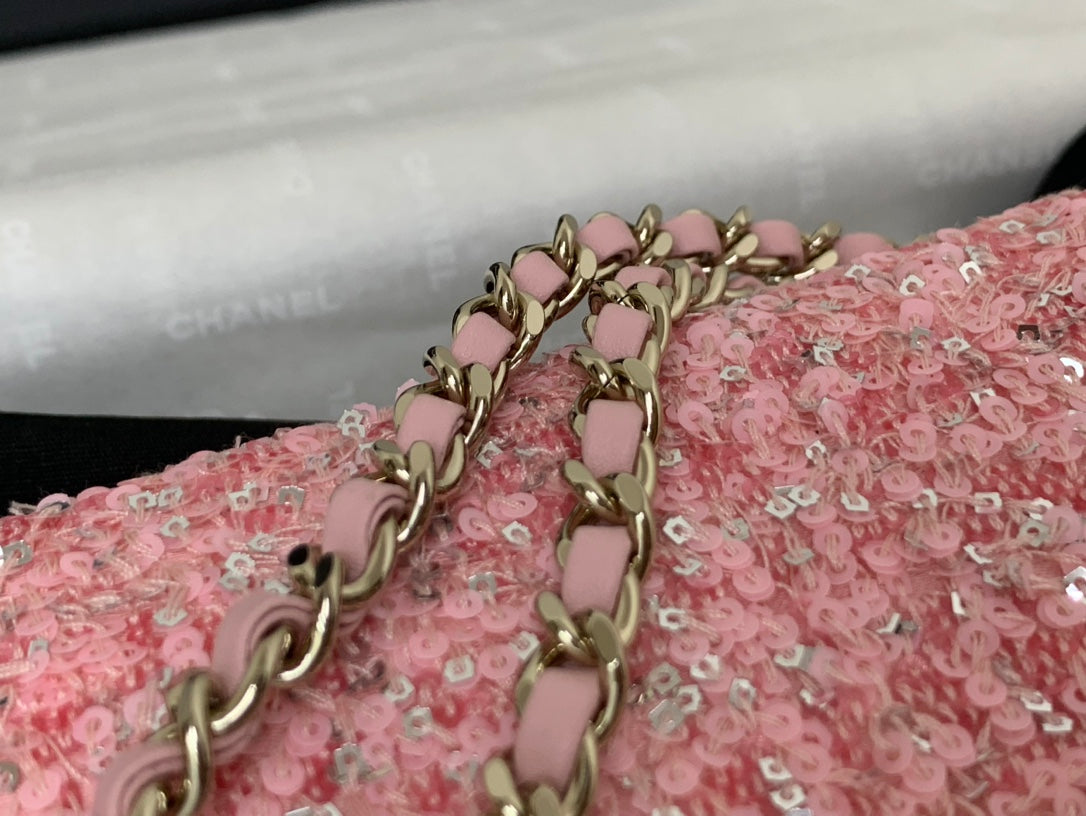25C Flap Bag 20cm Pink Polka Dot Silver Sequin Calfskin