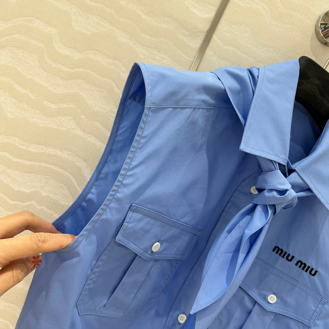 Miu Miu 25 Bow Tie Vest Shirt Blue Cotton