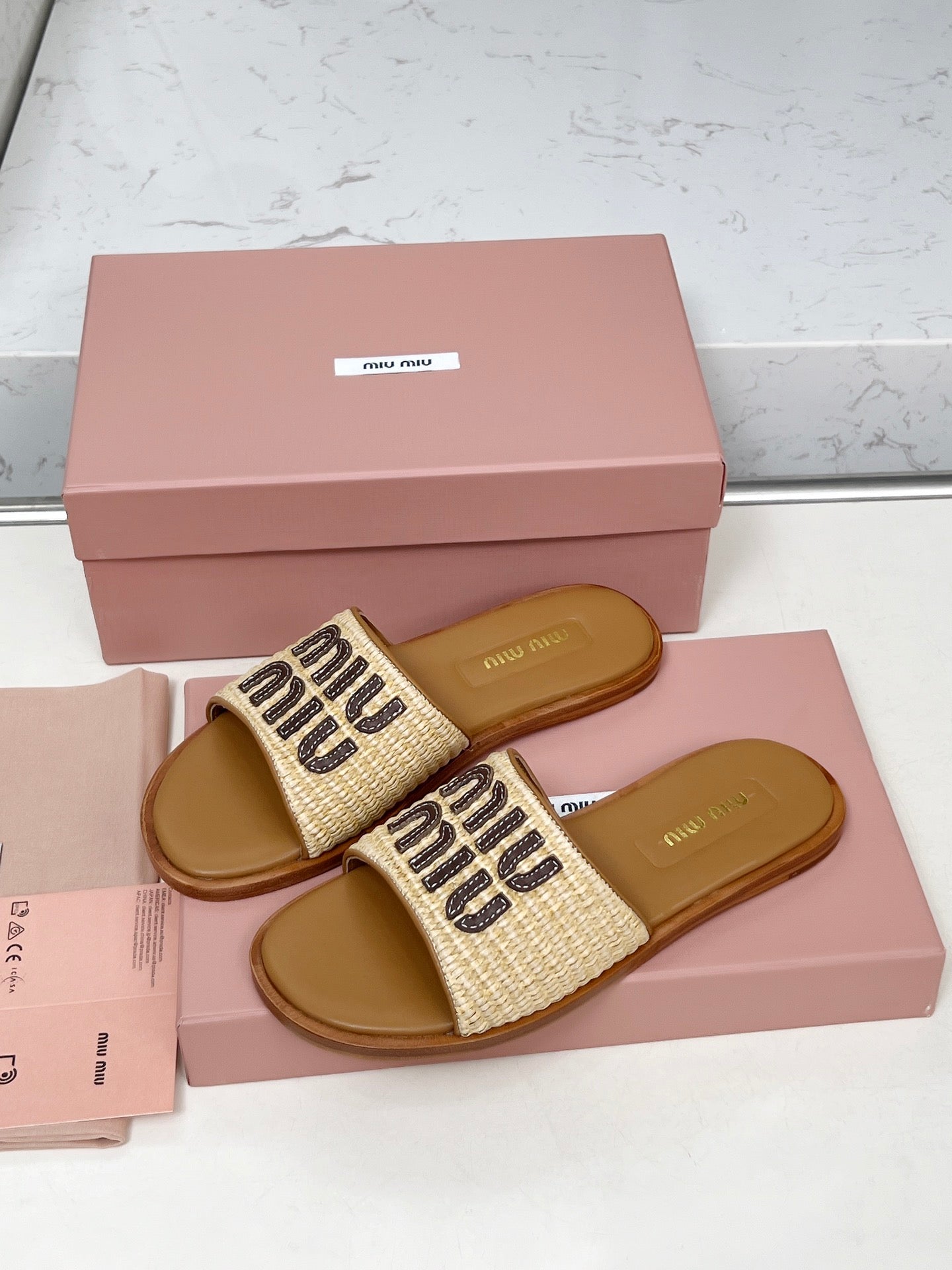 Miu Logo-Patch Slides Beige Brown Leather Raffia 935778