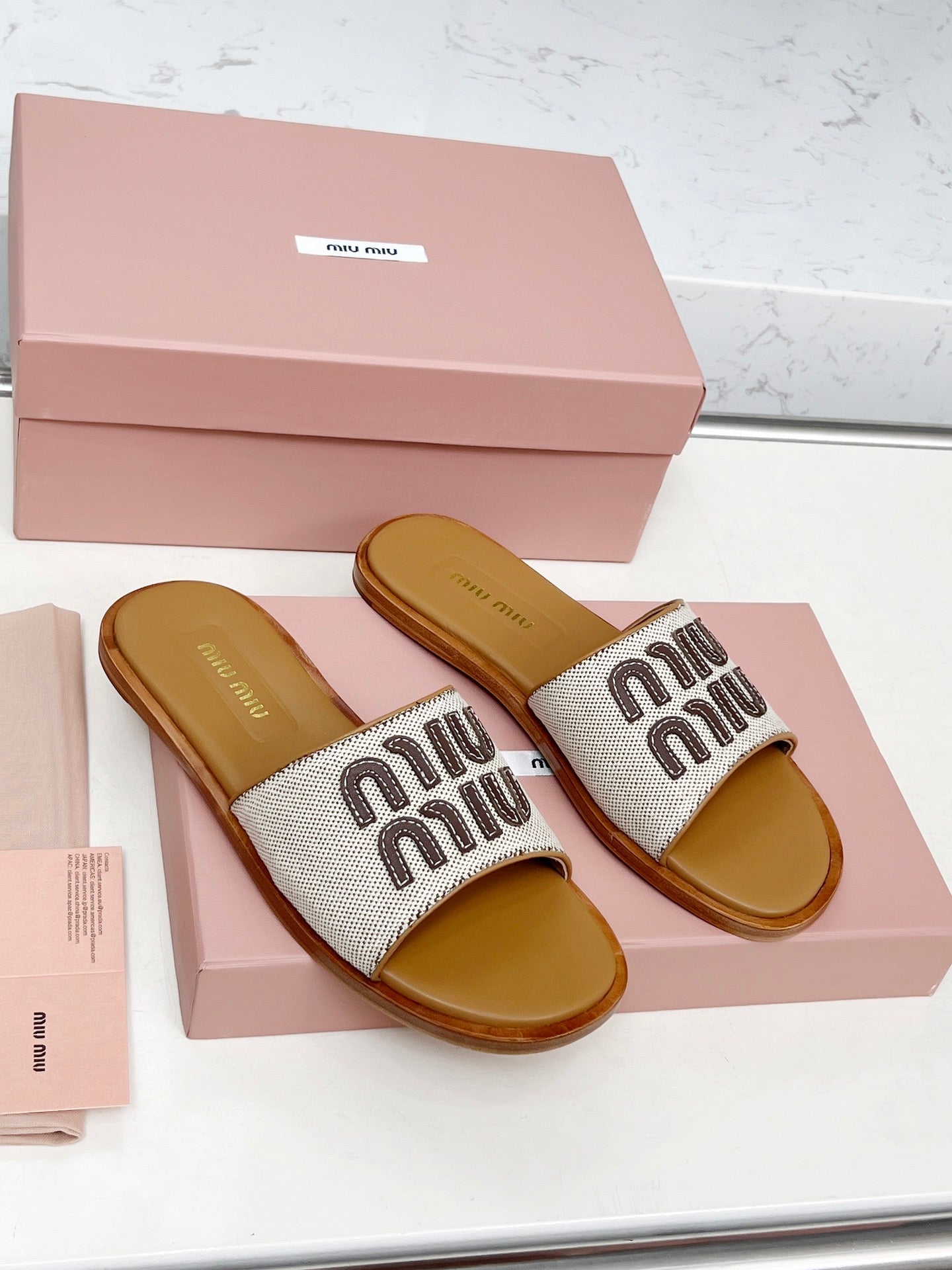 Miu Logo-Patch Slides Brown White Leather Canvas 935775