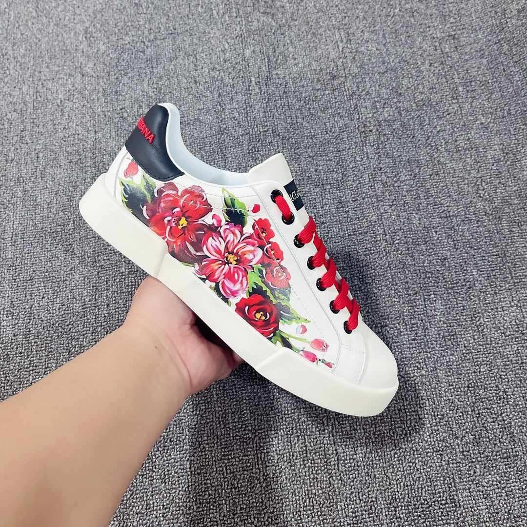 DC Portofino Sneakers White Red Floral-Print & Sheepskin 288469