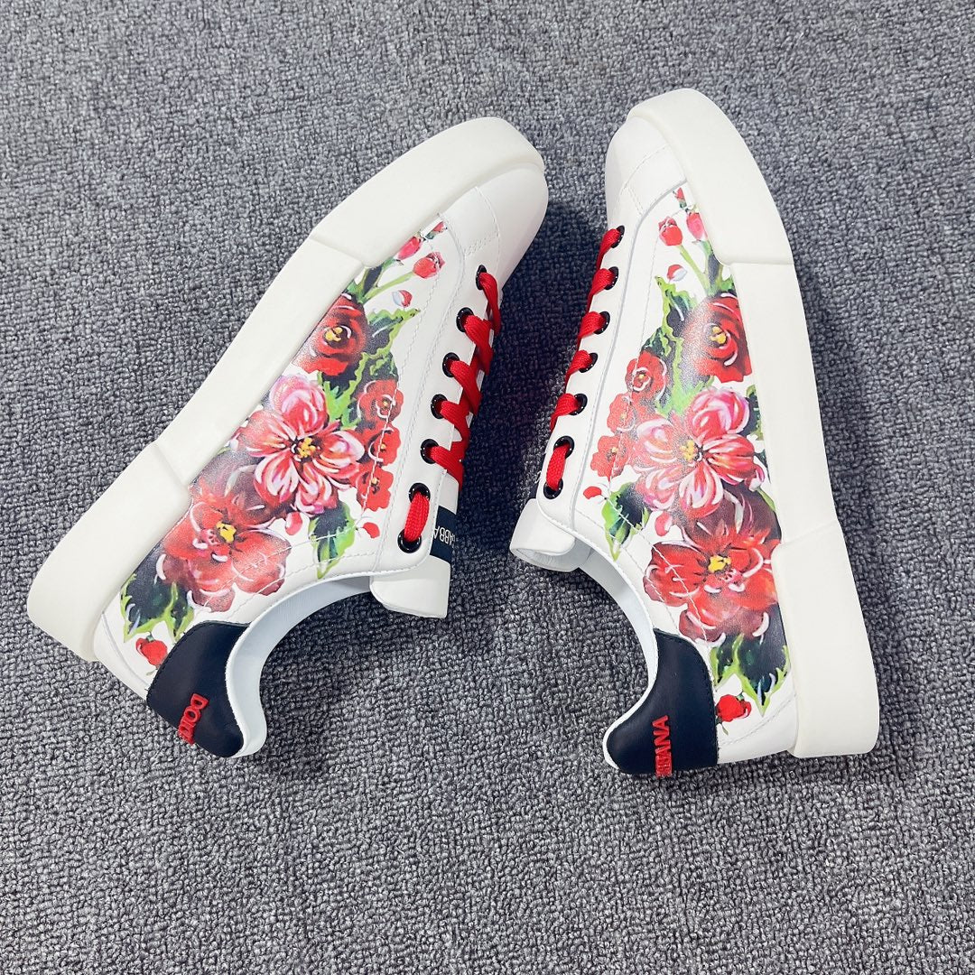 DC Portofino Sneakers White Red Floral-Print & Sheepskin 288469