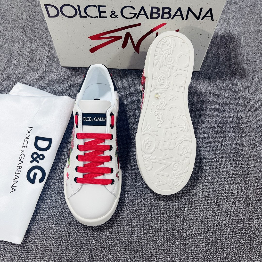 DC Portofino Sneakers White Red Floral-Print & Sheepskin 288469