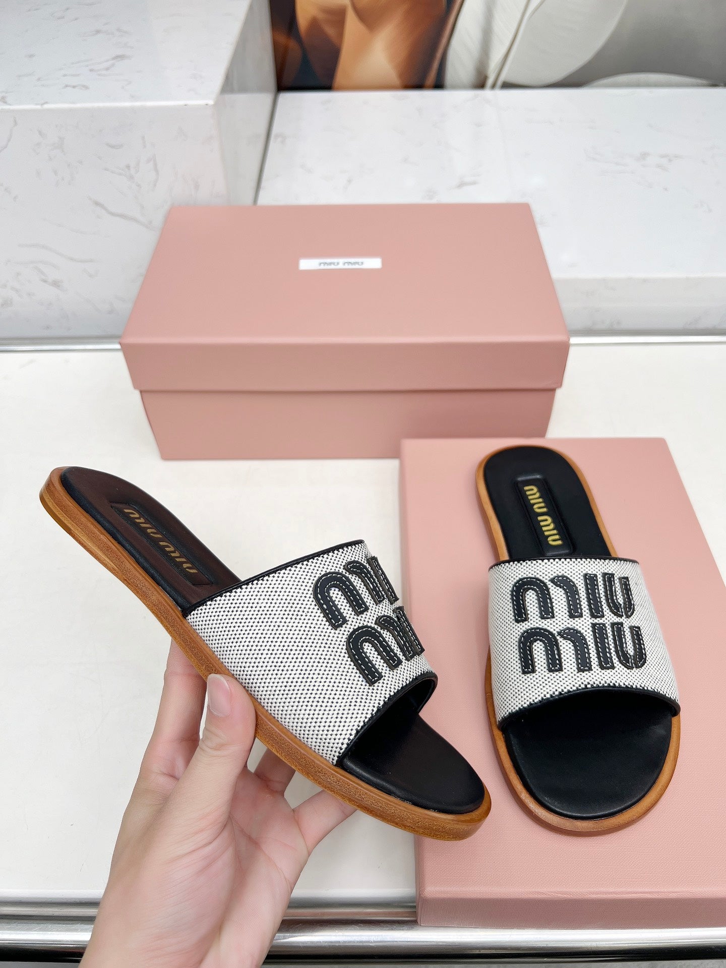 Miu Logo-Patch Slides Black White Leather Canvas 935776
