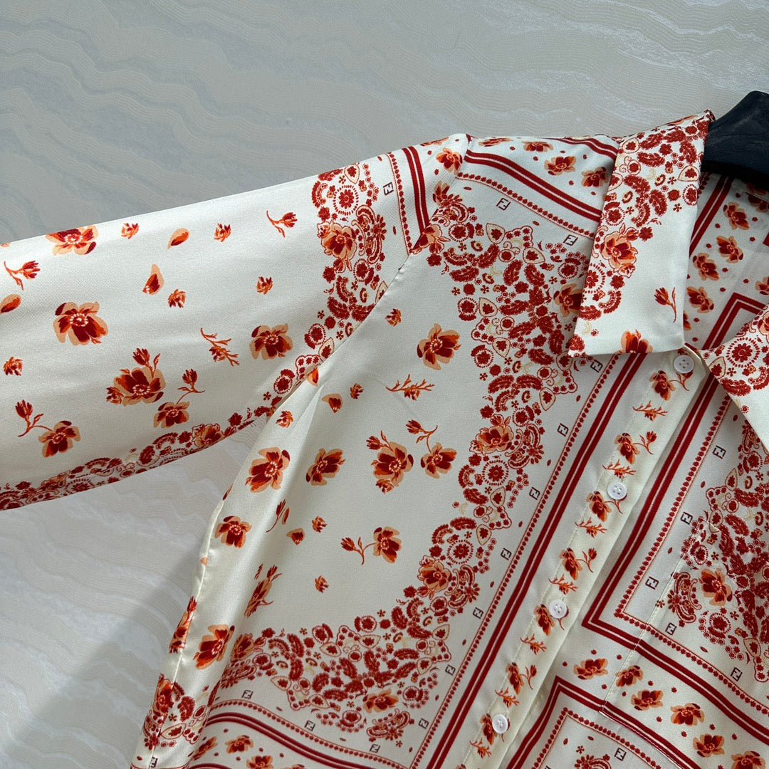 Fendi Flower Shirt Red Silk