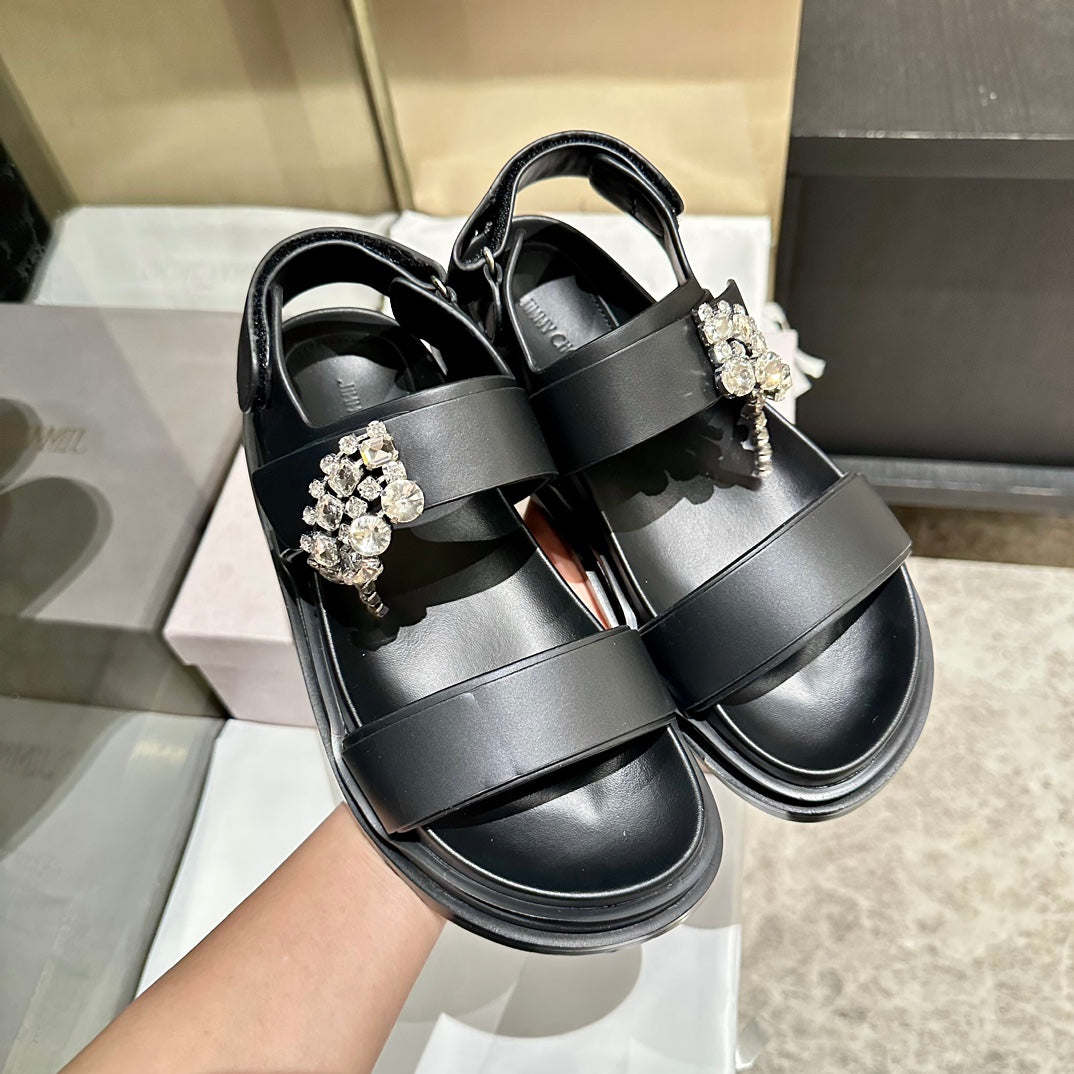 Jimmy Rhinestone Verity Sandals Black Leather 326426