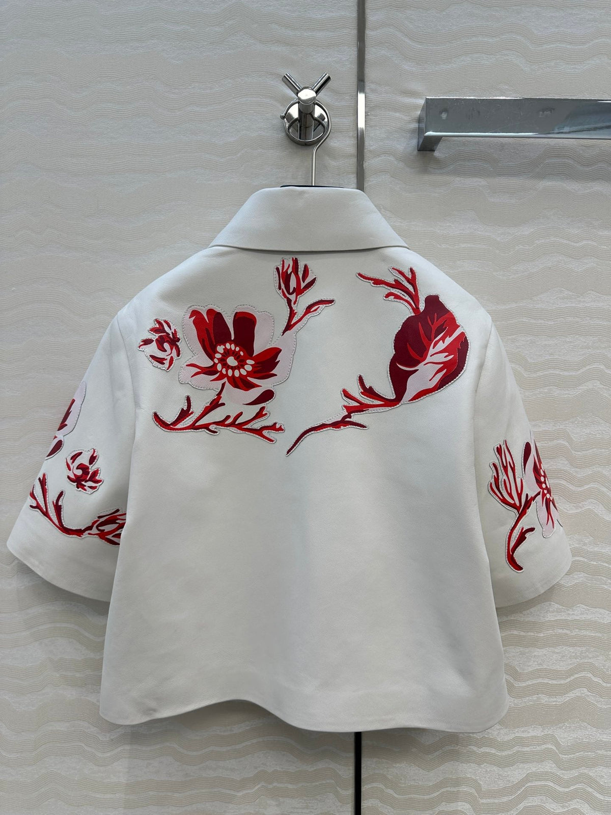 Fendi 26s Floral Inlay Cropped Leather Jacket White Lambskin 427220