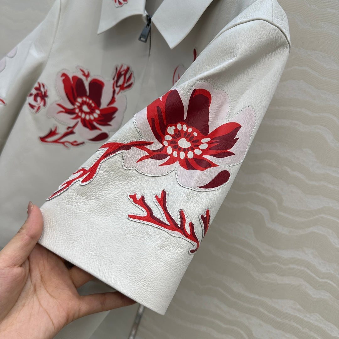 Fendi 26s Floral Inlay Cropped Leather Jacket White Lambskin 427220