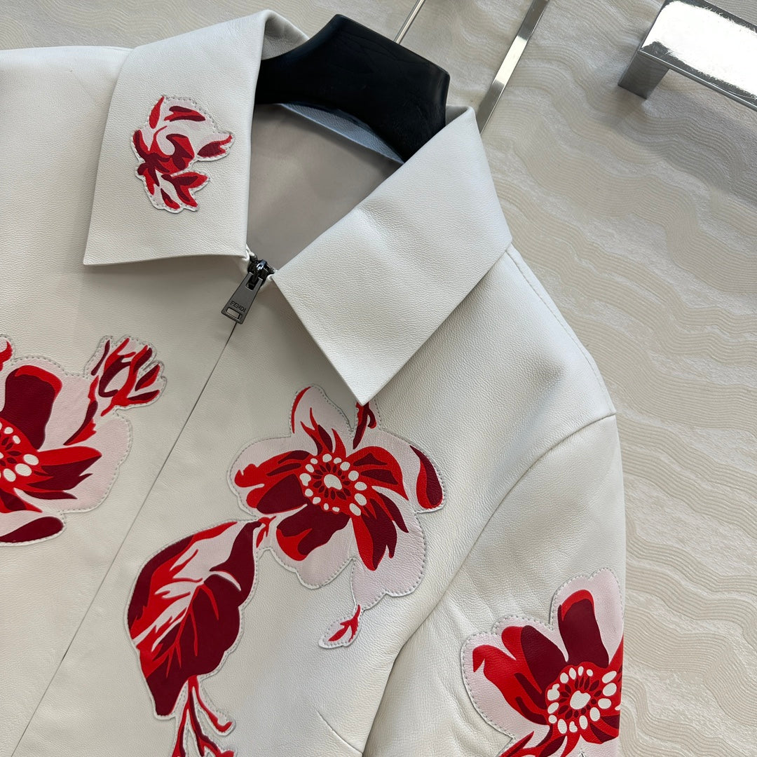 Fendi 26s Floral Inlay Cropped Leather Jacket White Lambskin 427220