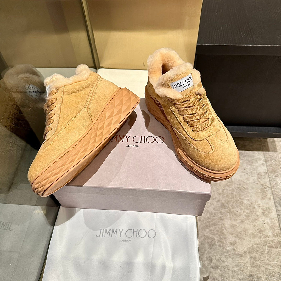Jimmy Choo Diamond Maxi Sneakers Light Brown Suede Shearling Lining 538895