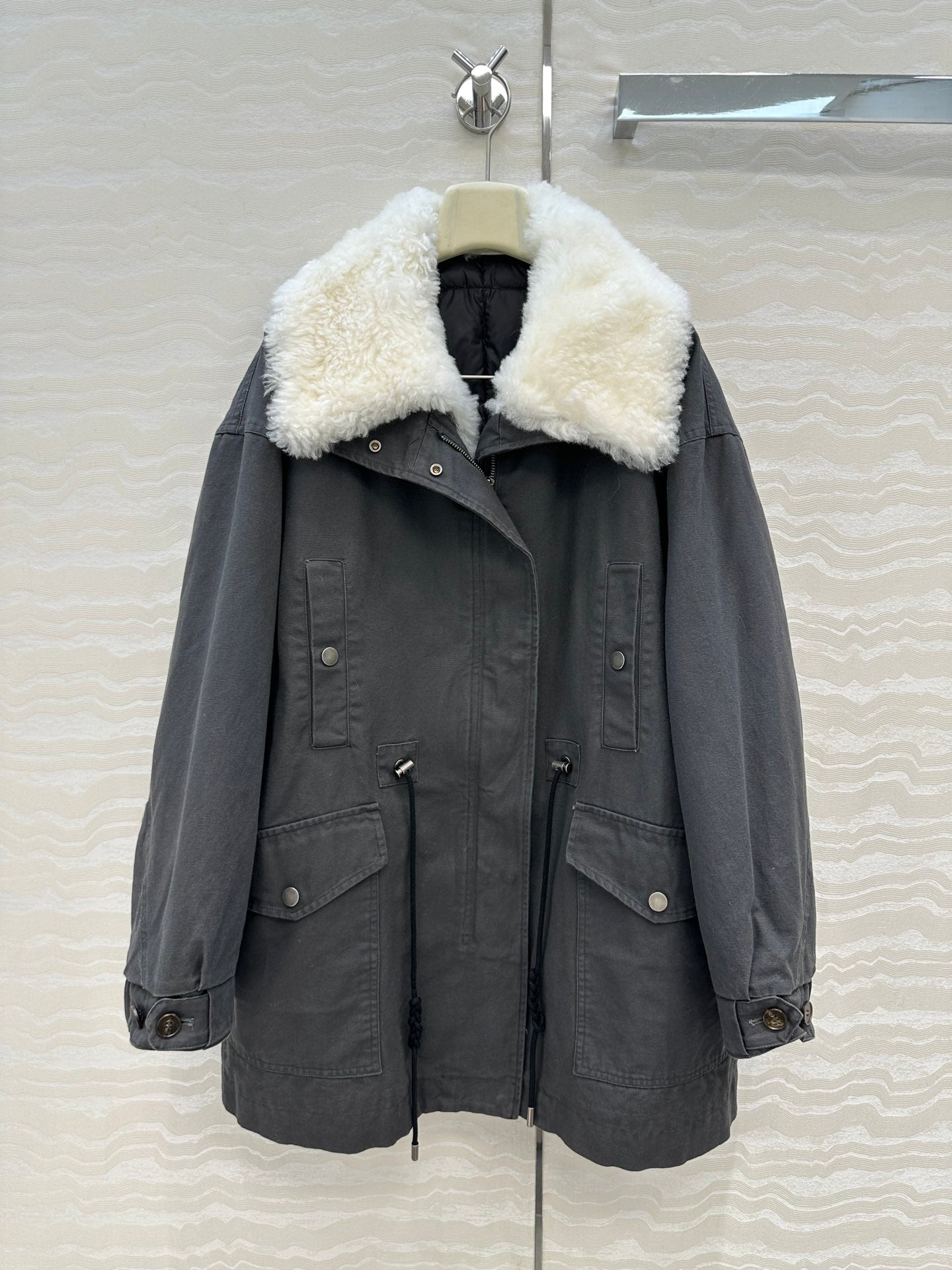 LP Zadig & Voltaire Kidea Parka Jacket Grey Black  Khaki Fur 341226