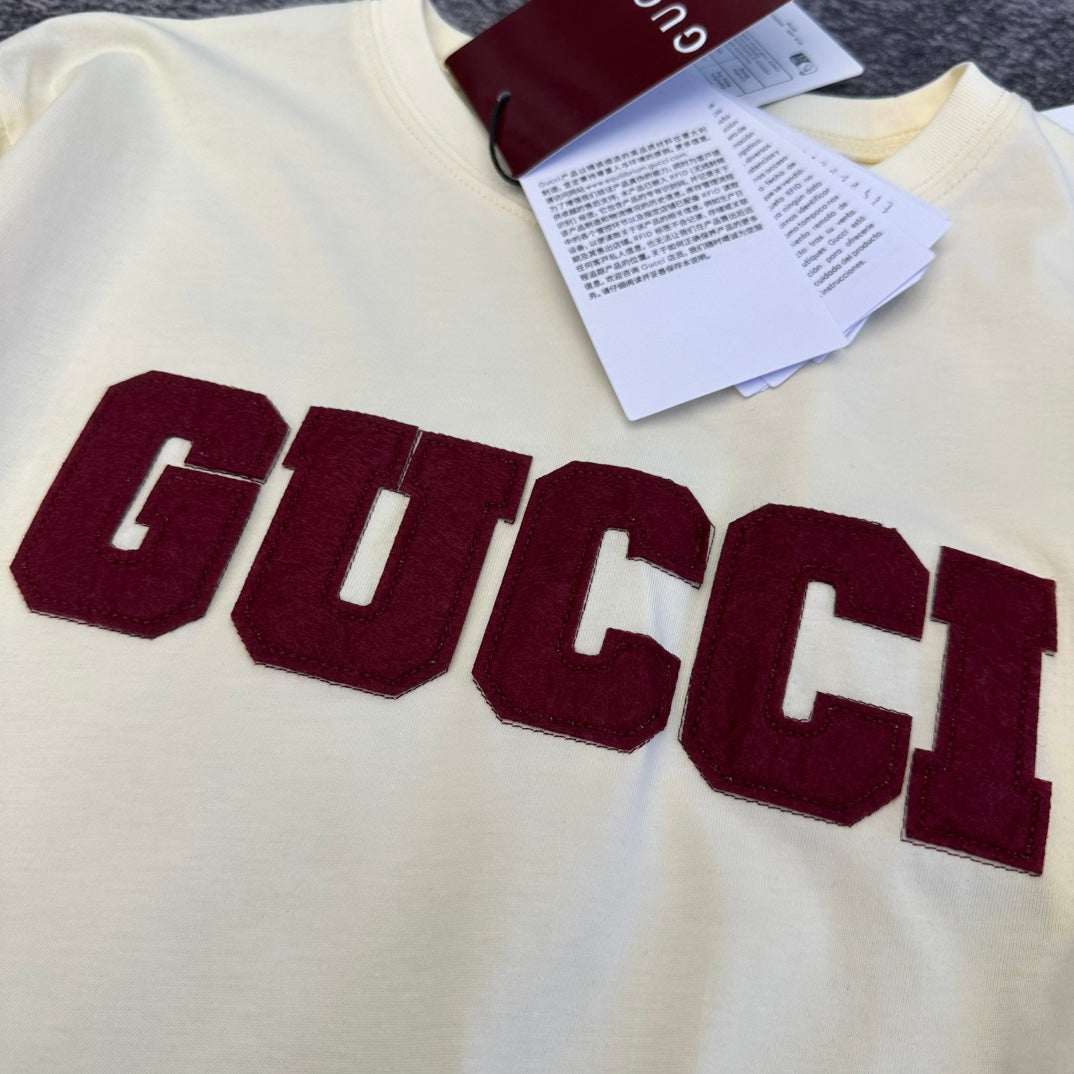 GG SS26 Logo-embroidered T-shirt Cream Burgundy Cotton 350812
