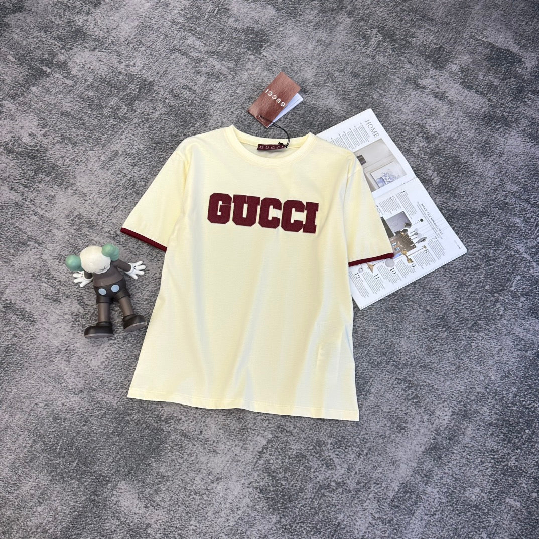 GG SS26 Logo-embroidered T-shirt Cream Burgundy Cotton 350812