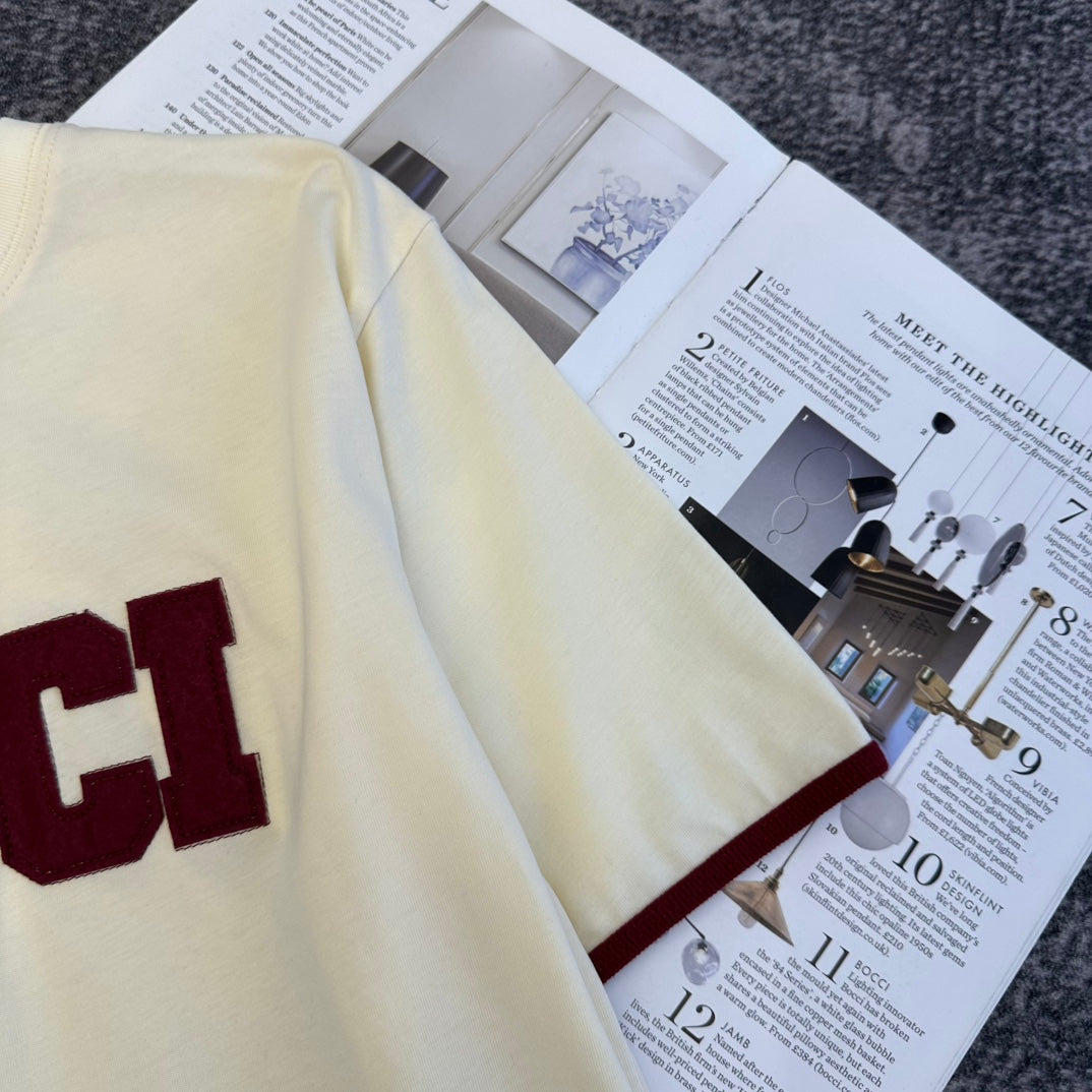 GG SS26 Logo-embroidered T-shirt Cream Burgundy Cotton 350812