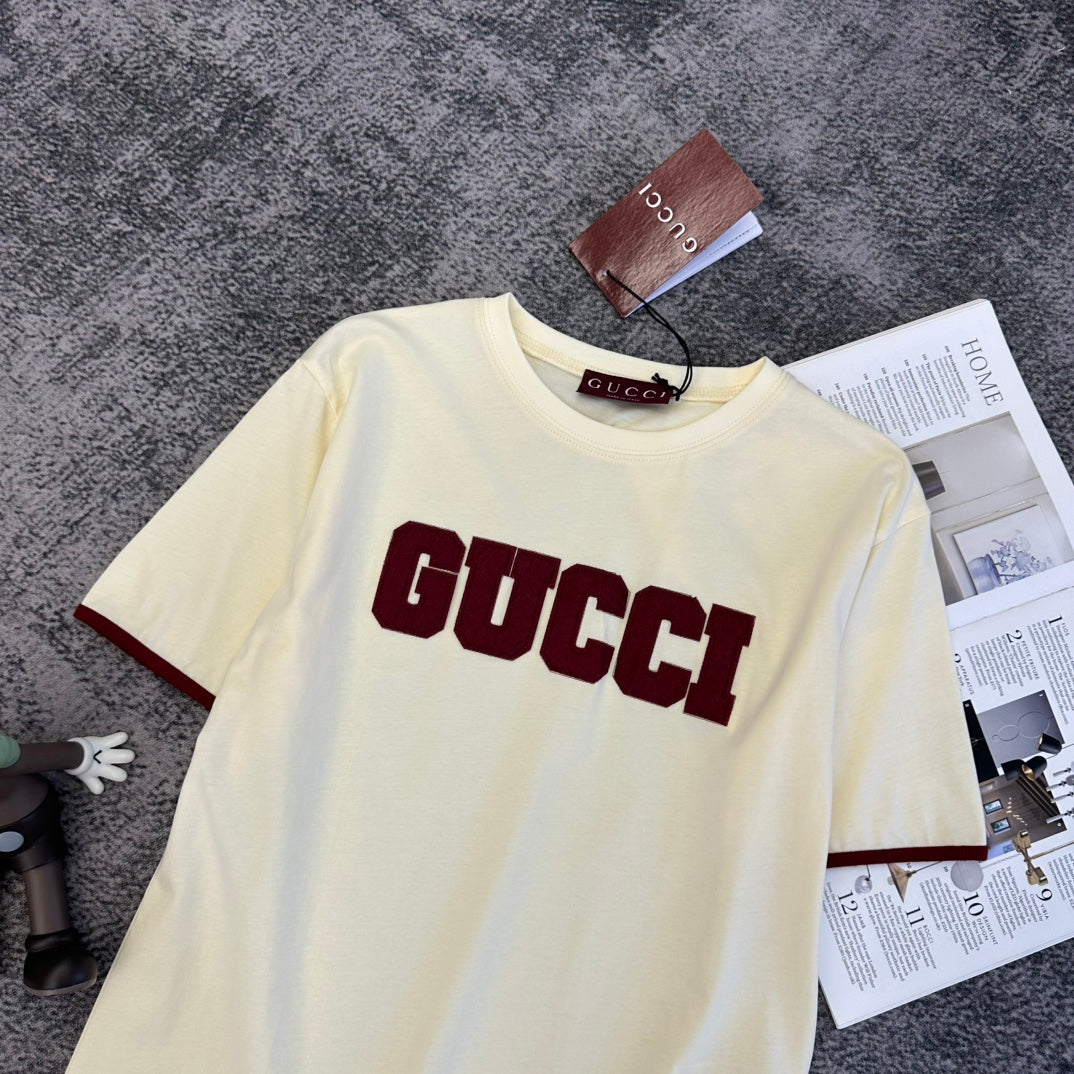 GG SS26 Logo-embroidered T-shirt Cream Burgundy Cotton 350812