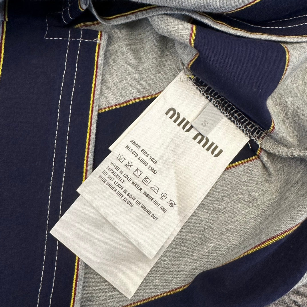 Miu SS26 Polo T-Shirt Striped Black Grey Cotton 350879