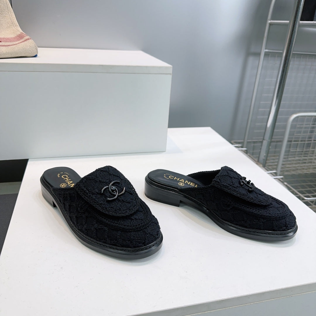 CC Loafers Half-Slip Sandals Black Wool Sheepskin 628645