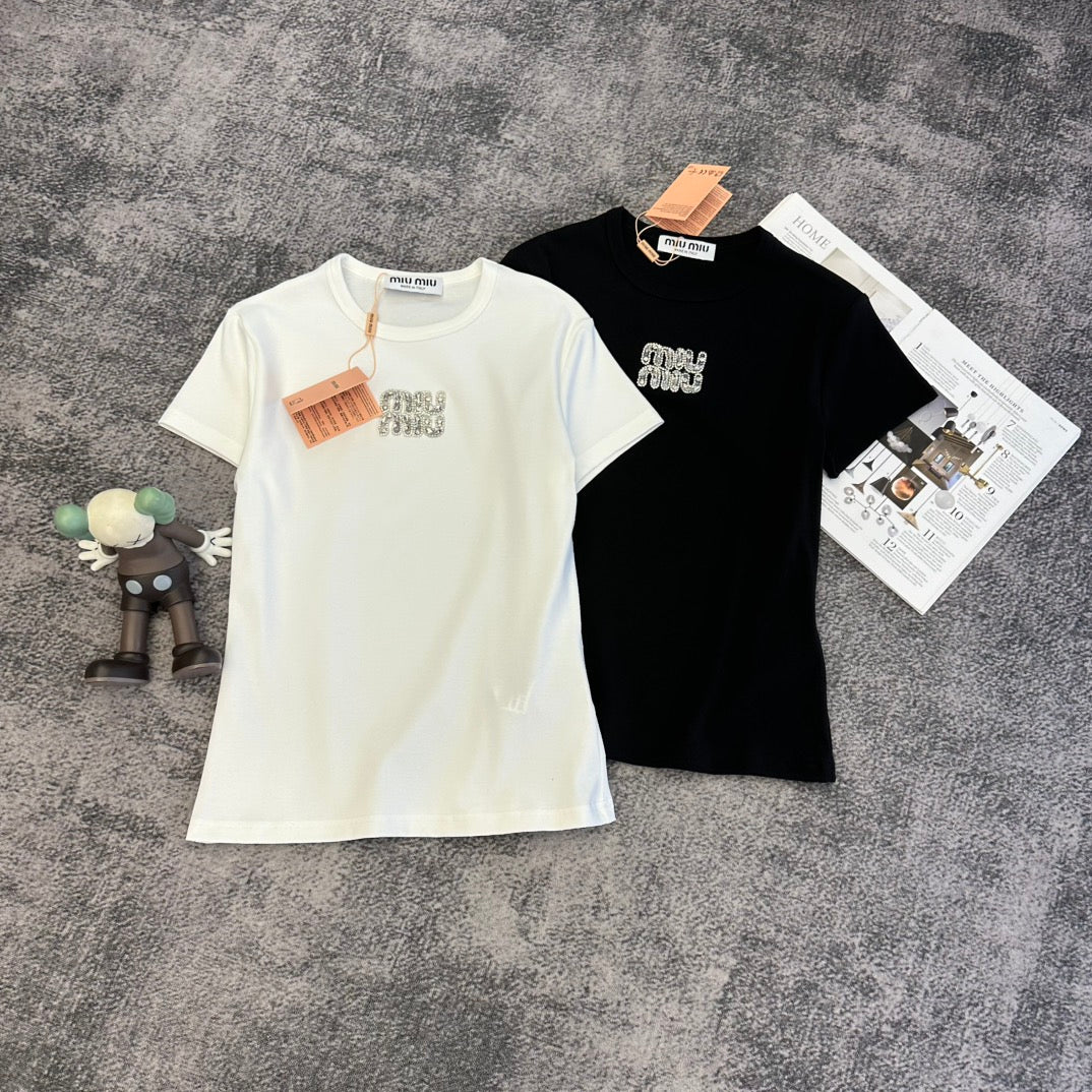 Miu SS26 Crystals Logo Embroidery T-shirt Cotton 350561