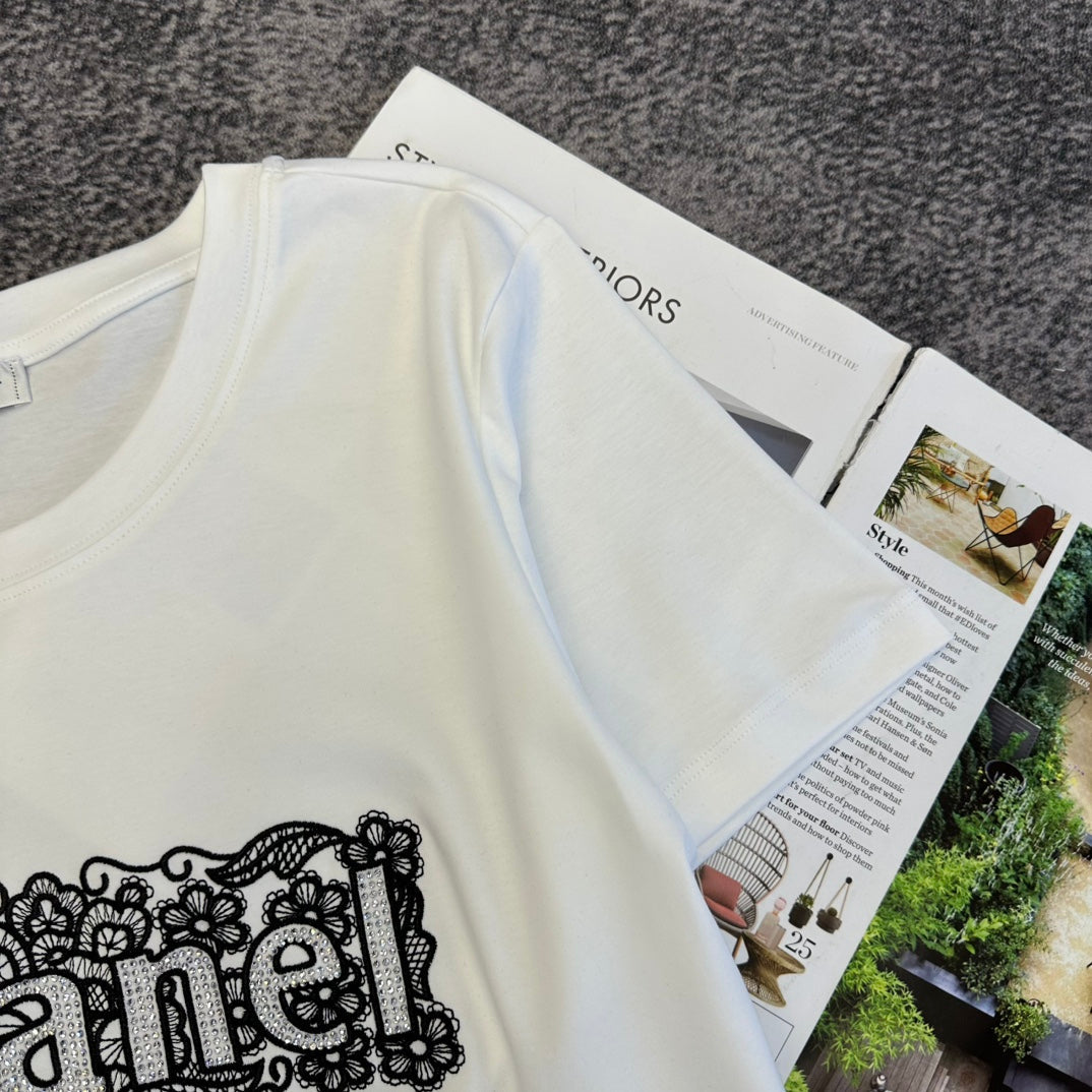CC SS26 Lace Embroidery Logo T-Shirt Cotton 350573