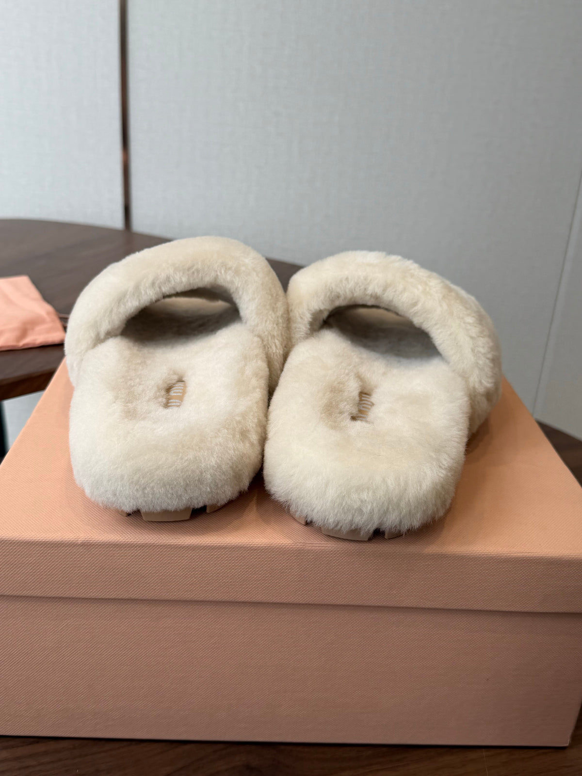 Miumiu 26s Crystal Logo Slides Light Beige Shearling