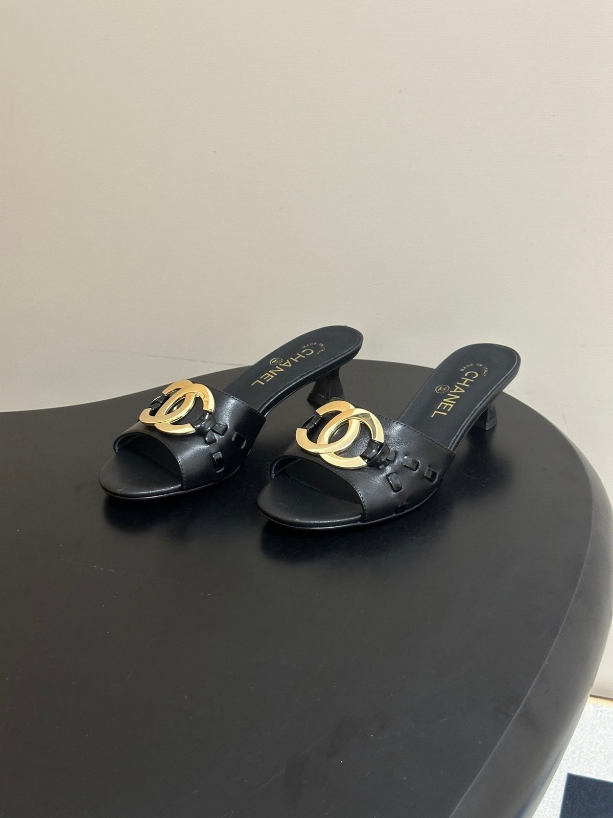 CC 26S High Heel Mule in Black Lambskin with Gold-Tone CC Logo