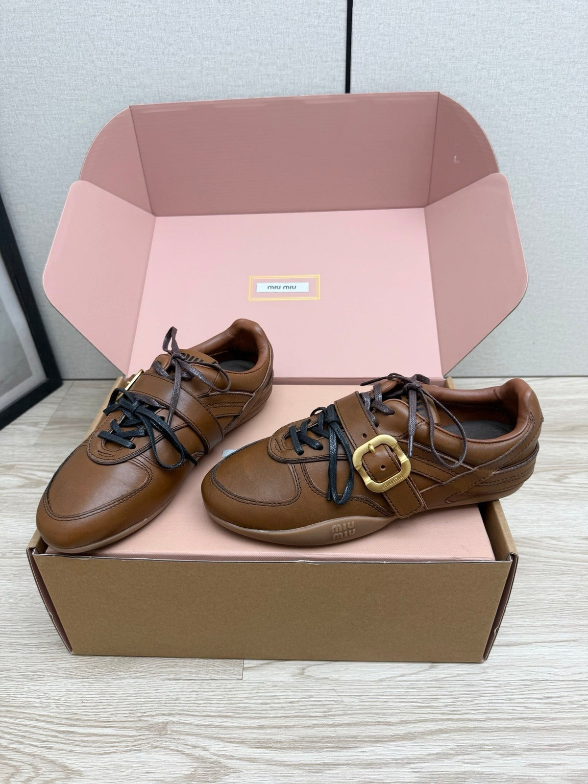 Miumiu 26s Buckle Sneakers Brown Calfskin With Gold Hardware