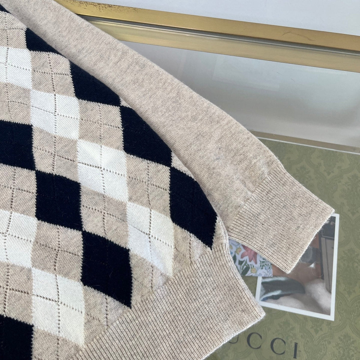Miumiu 2026 Argyle Pattern Polo Sweater Beige Black Cashmere 435396