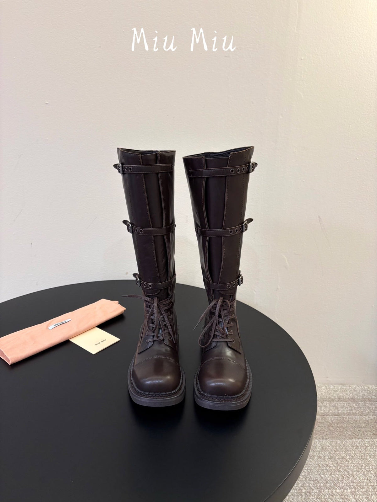 Miumiu 26s Lace-up Knee-high Boots Dark Brown Calfskin