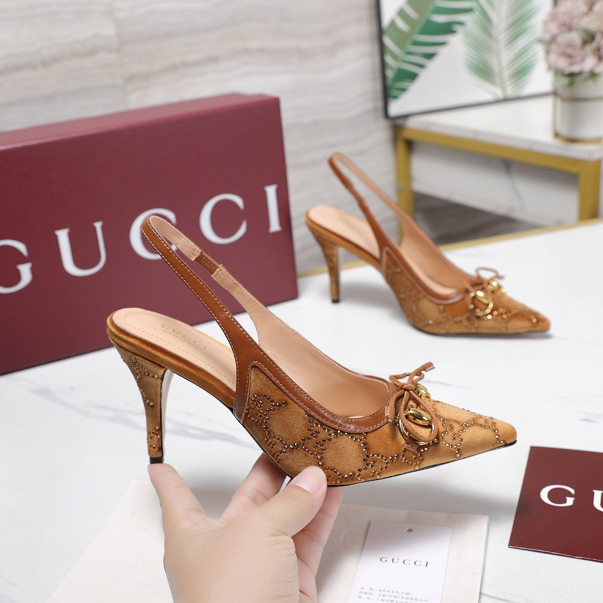 Gucci 26s Slingback Pumps 10cm Caramel Brown Velvet Gold Hardware With Bow