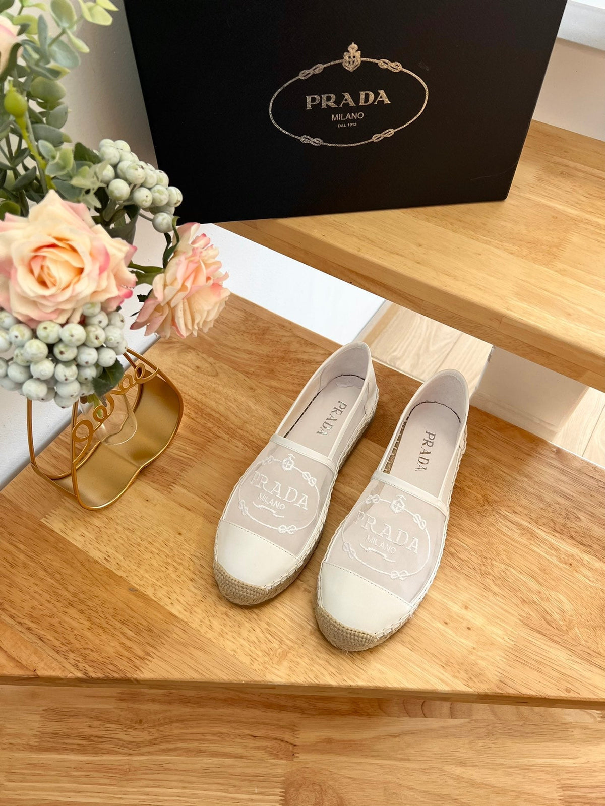 Prada 26s Embroidered Logo Espadrille Flats Ivory White Mesh Calfskin