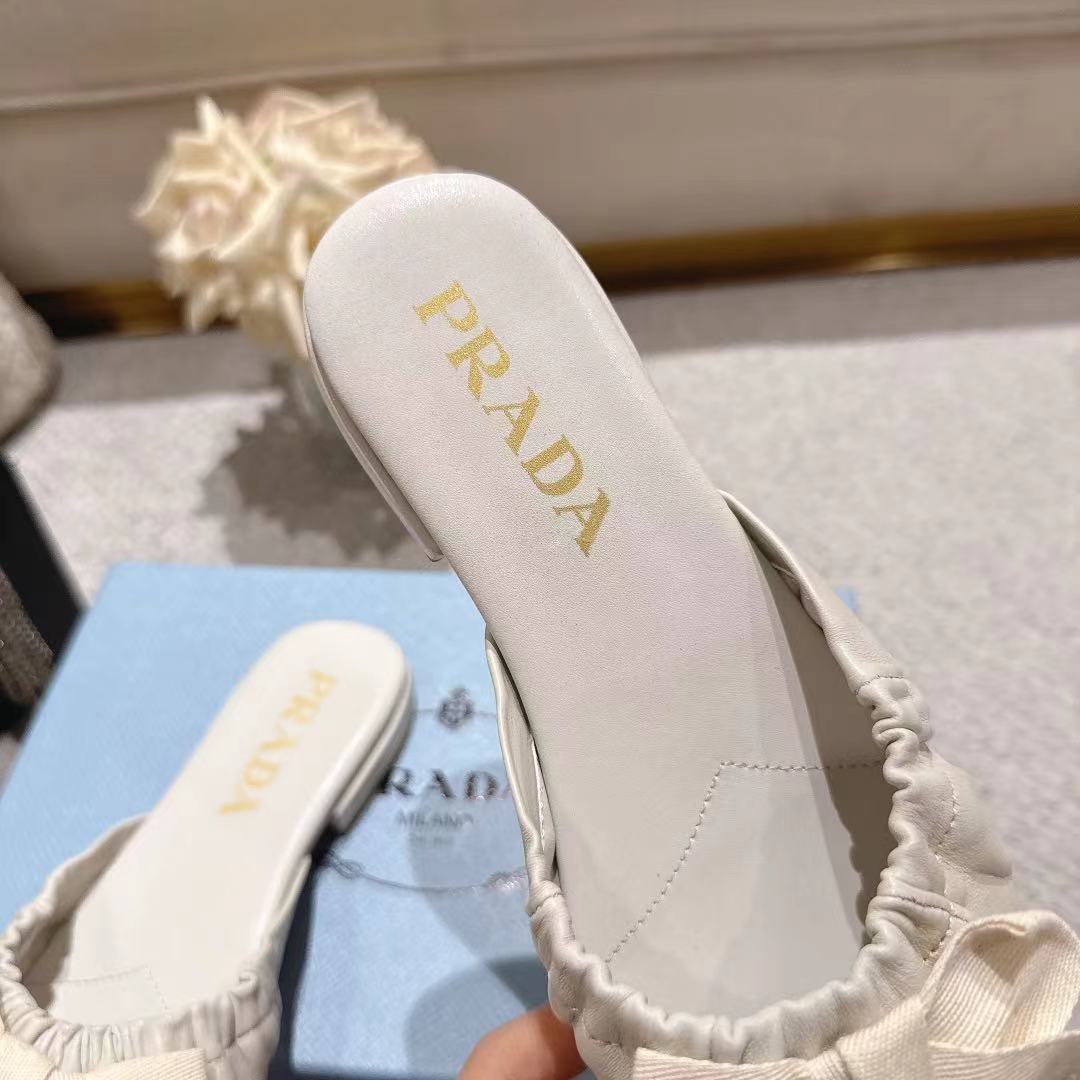 Prada 26s Ruched Bow Slide Sandals Cream White Calfskin