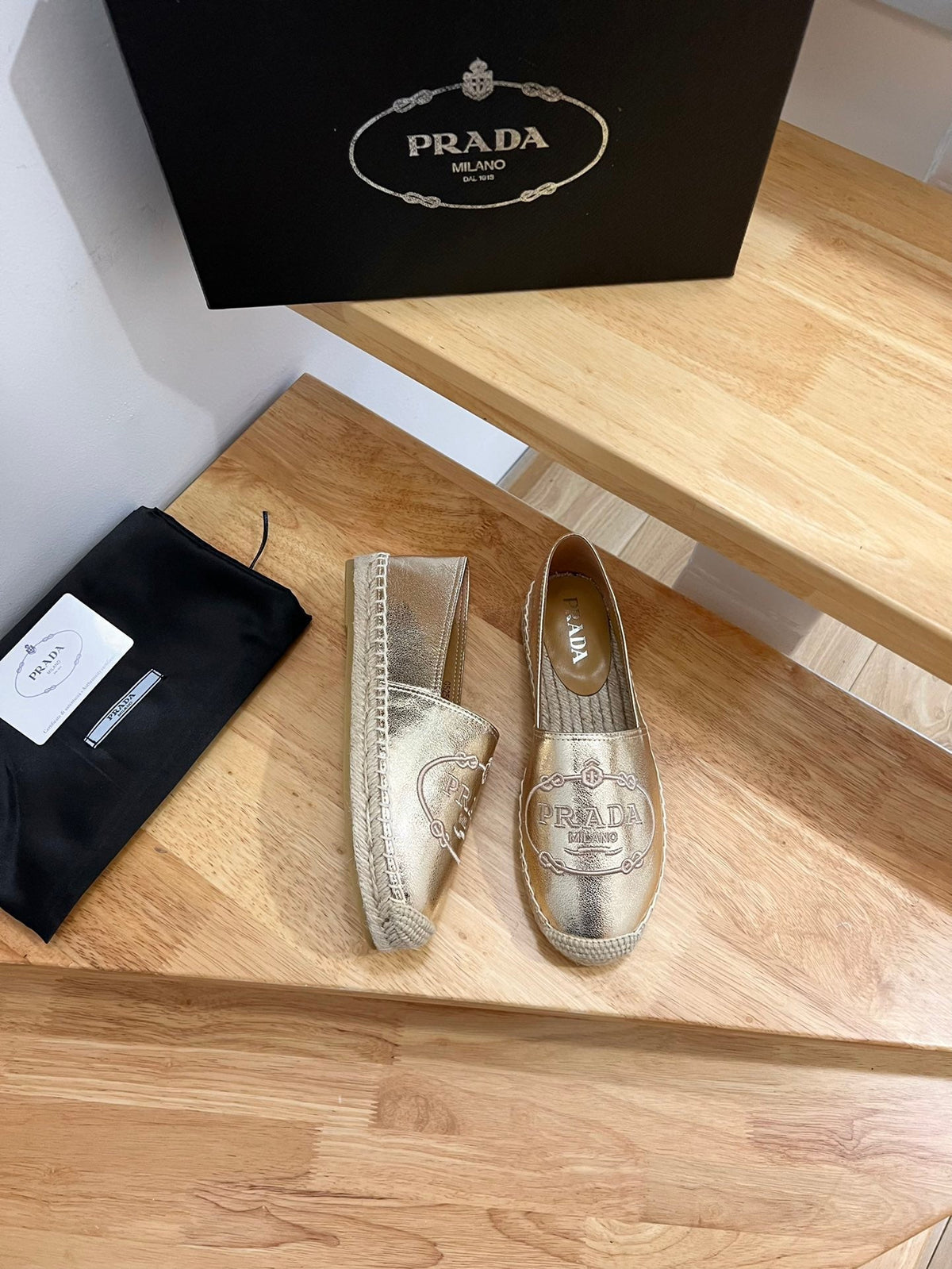 Prada 26s Embroidered Logo Espadrille Flats Gold Calfskin