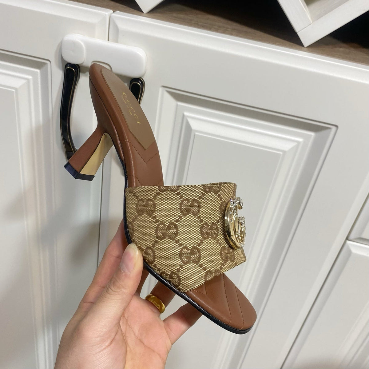 Gucci 26s Heeled Slides 7.5cm Sand Brown Canvas And Lambskin